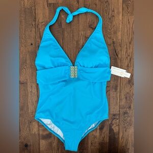 NWT Tara Grinna Turquoise Halter One Piece Swimsuit Gold Women's Size 12